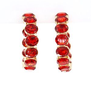 Steve Madden Red Oval Rhinestone Gold-tone Open Hoop Earrings